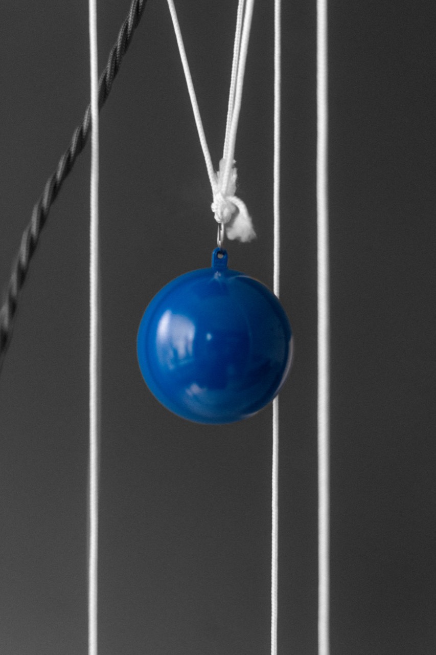1895 Lamp — blue spherical counterweight on its cord