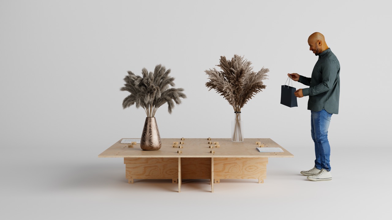 CRUX exhibition table by Tom Pradella, Daniils Marcenko & Alisa Bovkun — plywood table with displayed objects and a visitor, render