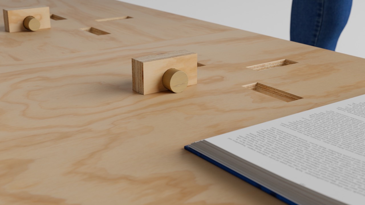 CRUX — close-up of the grid slots and wooden display pegs in the tabletop, render