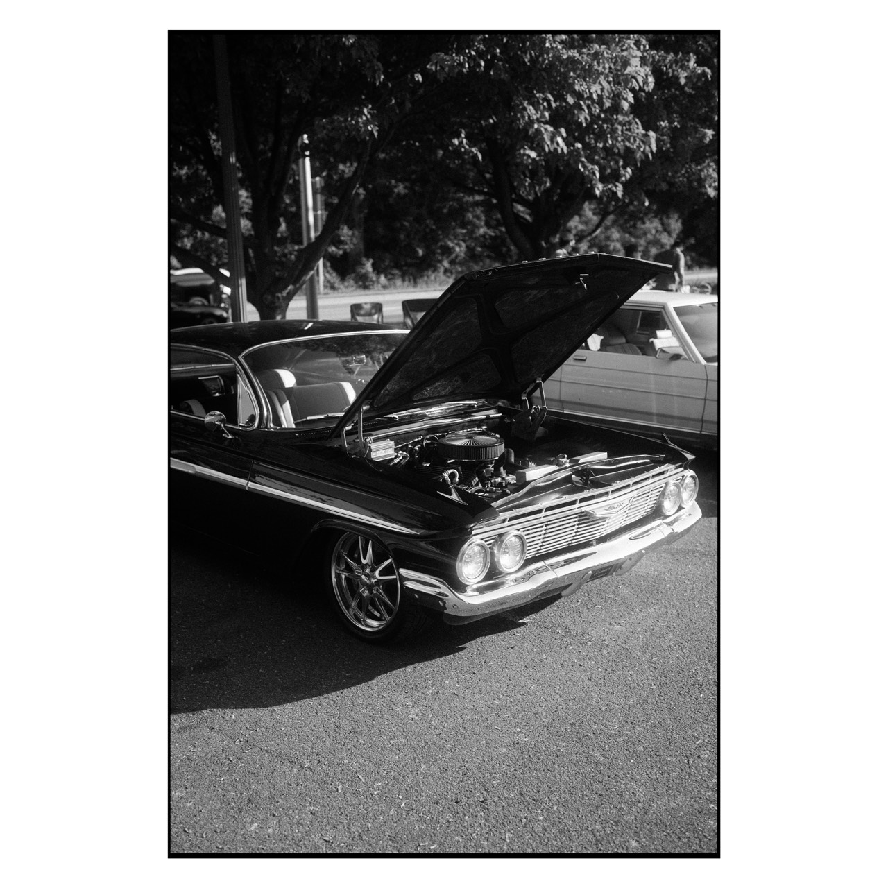Lake Erie — chrome front grille of a classic car, black-and-white