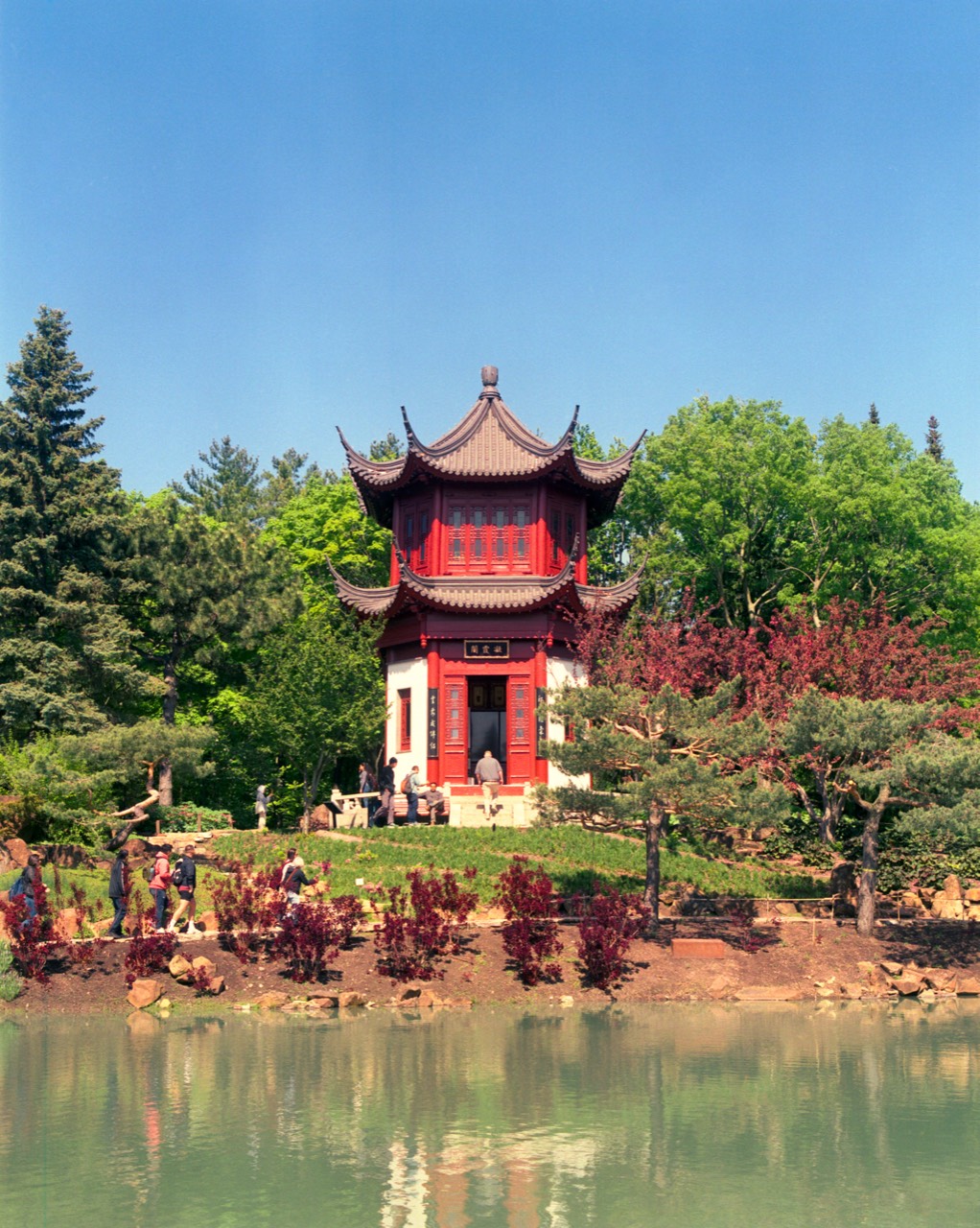 Botanical Garden — pagoda of the Chinese Garden by the pond, Montreal; photograph by Tom Pradella