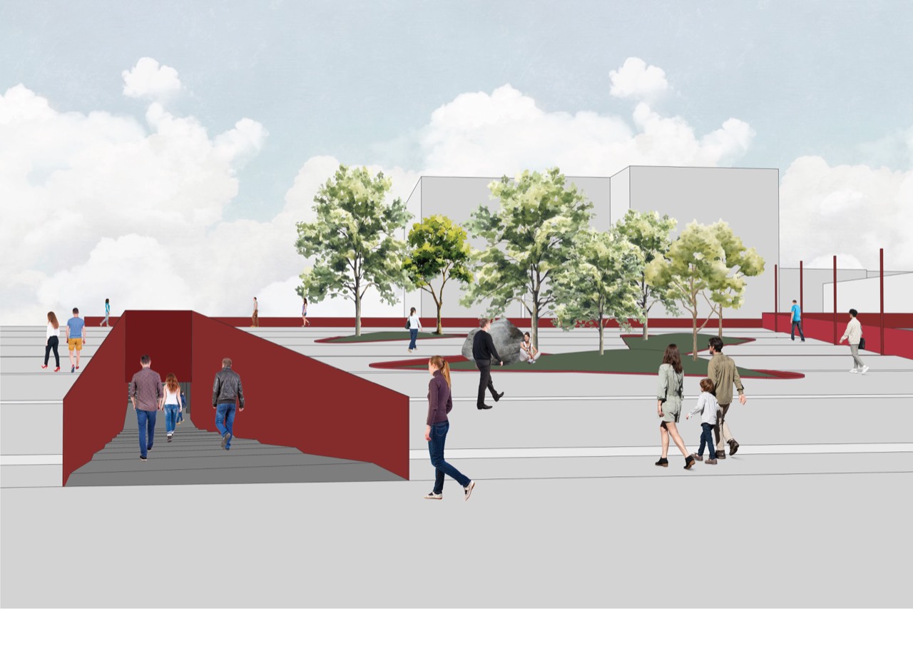 RML Link urban design — render of the reconnected Romolo plaza with ramps and greenery