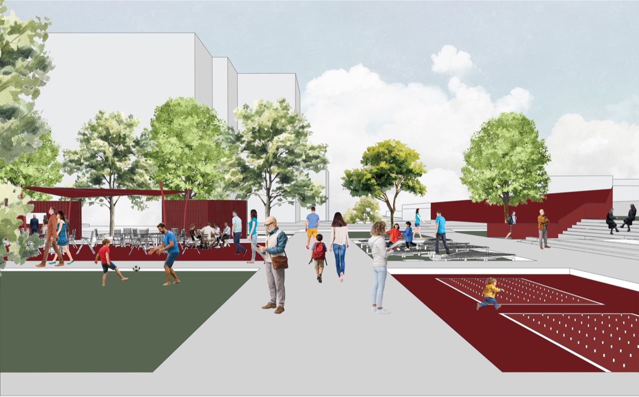 RML Link — render of seating, sports field, and planting at ground level