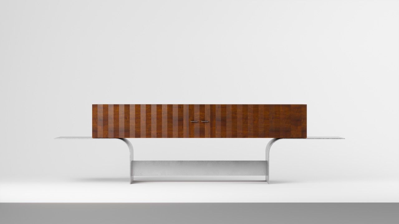T Sideboard by Tom Pradella — beech cabinet on two bent steel pieces, front view