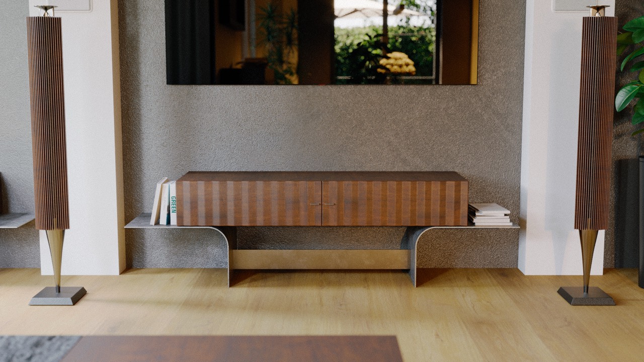 T Sideboard in a living room, with books on the extended steel shelves