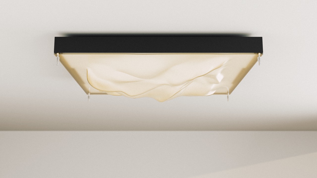 Wandel lighting system by Tom Pradella — square ceiling lamp with a dune-shaped glass shade, render