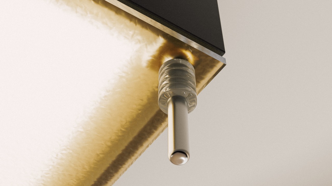 Wandel — knurled brass fastener holding the glass element, close-up render