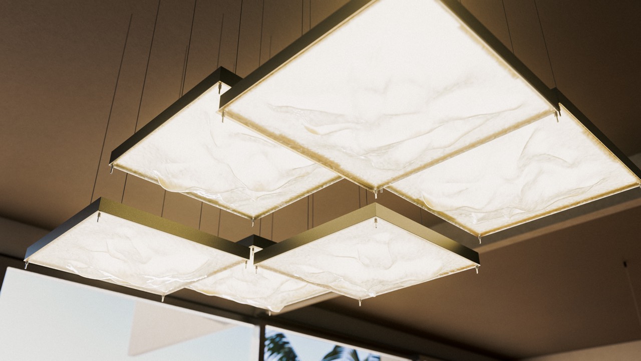 Wandel — modules from below showing the rough sand-glass texture, render